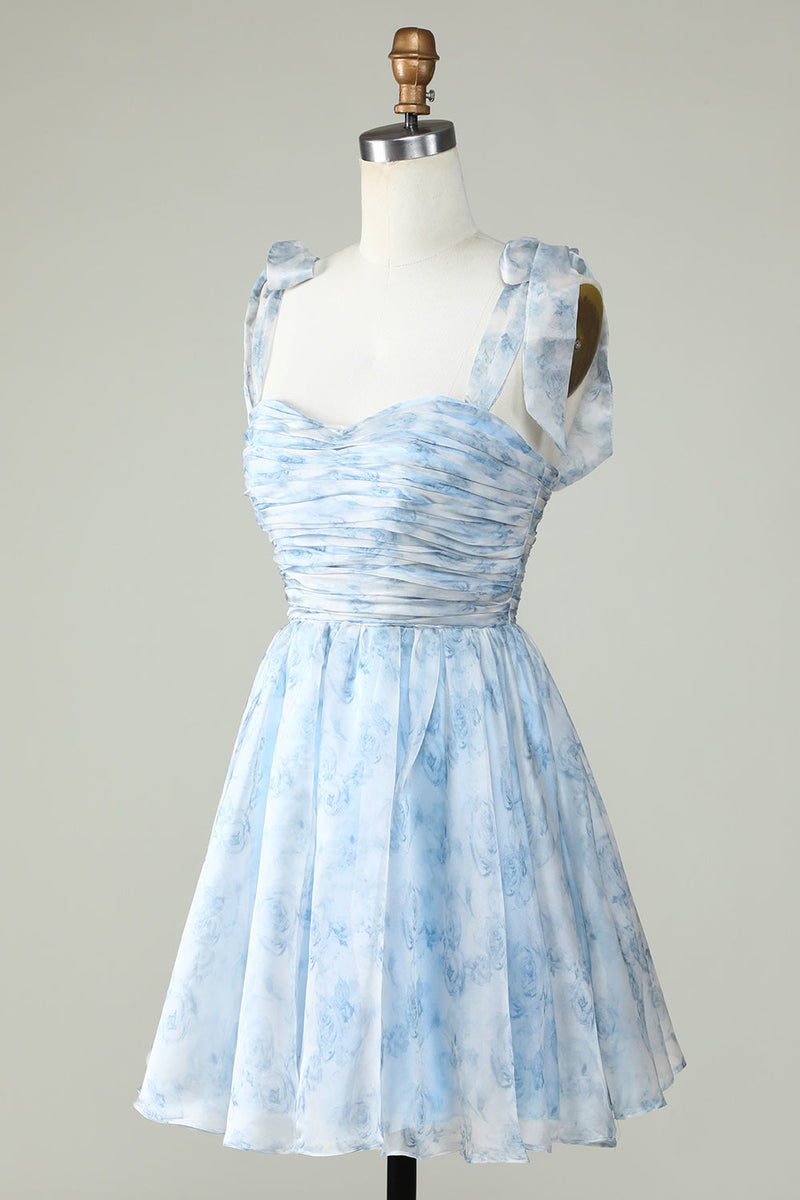 Laden Sie das Bild in den Galerie-Viewer, Blau A Line Bedrucktes Niedliches Abendkleid mit Rüschen