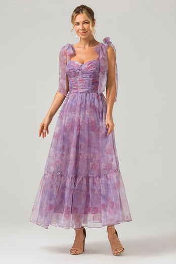 Lila A-Linien-Plissee-Kleid mit Druckmuster in Teelänge