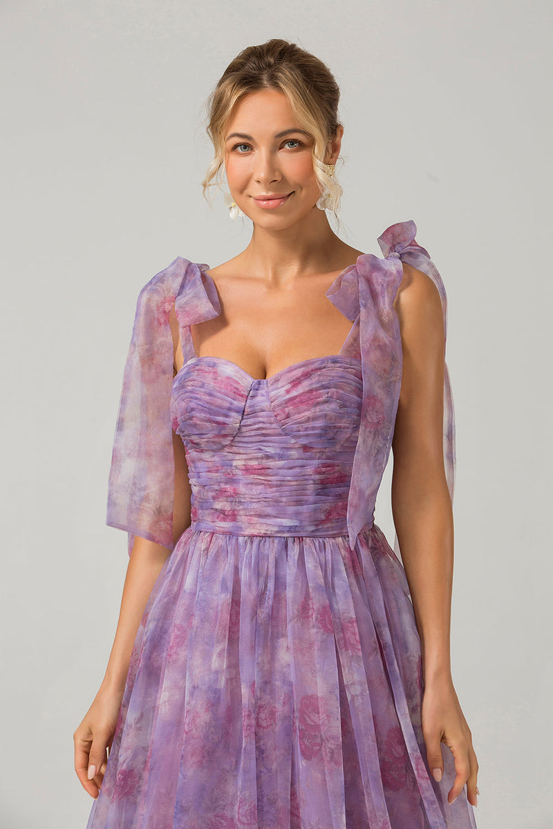Laden Sie das Bild in den Galerie-Viewer, Lila A-Linien-Plissee-Kleid mit Druckmuster in Teelänge