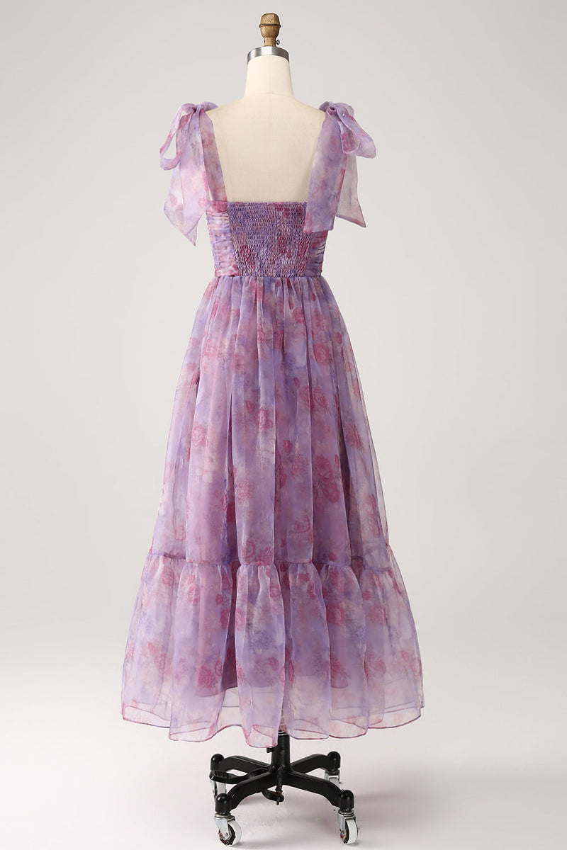 Laden Sie das Bild in den Galerie-Viewer, Lila bedrucktes langes Kleid mit Plissee in A-Linie