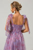 Laden Sie das Bild in den Galerie-Viewer, Lila A-Linien-Plissee-Kleid mit Druckmuster in Teelänge