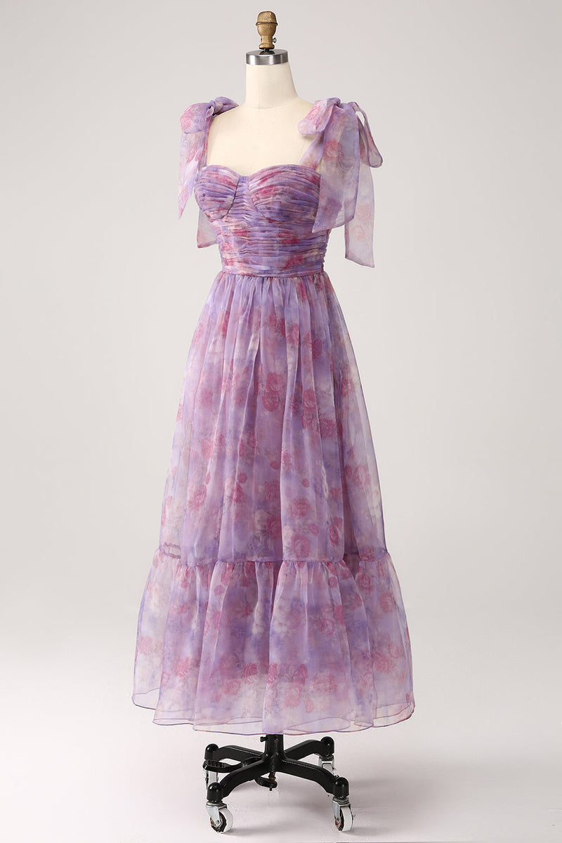 Laden Sie das Bild in den Galerie-Viewer, Lila bedrucktes langes Kleid mit Plissee in A-Linie