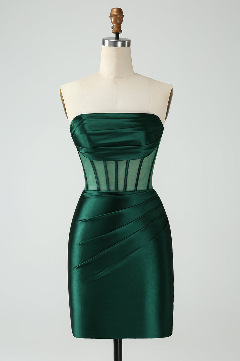 Laden Sie das Bild in den Galerie-Viewer, Dunkelgrünes, figurbetontes Korsett Trägerloses kurzes Homecoming-Kleid