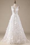 Elfenbein  A-Linie V-Ausschnitt Brautkleid mit 3D-Blumen