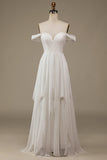 Elfenbein Boho Chiffon Brautkleid mit Spitze