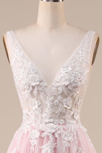 Rosa A-Linie Tüll Schleppe Brautkleid mit Applikationen