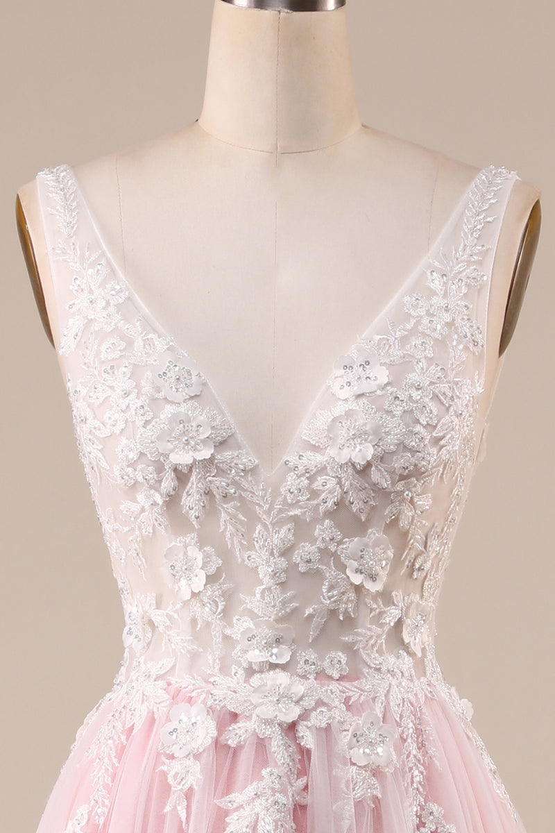 Laden Sie das Bild in den Galerie-Viewer, Rosa A-Linie Tüll Schleppe Brautkleid mit Applikationen