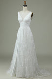 Elfenbein Brautkleid mit V-Ausschnitt und Schlitz