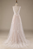 Champagner Rückenfreies V-Ausschnitt Tüll Brautkleid mit Spitze