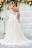 A-Linie schulterfreies Champagner Tüll Brautkleid mit Spitze