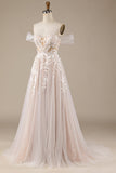 Champagner Tüll Abnehmbares schulterfreies Brautkleid mit Spitze