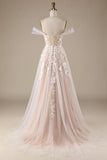 Champagner Tüll Abnehmbares schulterfreies Brautkleid mit Spitze