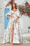 Elfenbein Blumen Satin Kapellen Schleppe Brautkleid