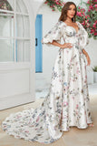 Elfenbein Blumen Satin Kapellen Schleppe Brautkleid