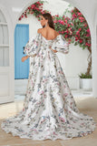 Elfenbein Blumen Satin Kapellen Schleppe Brautkleid