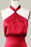 Burgundrotes Etuikleid A Line Halter bodenlanges Satin Brautjungfernkleid