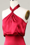 Burgundrotes Etuikleid A Line Halter bodenlanges Satin Brautjungfernkleid