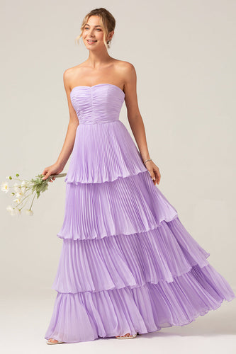 A-Linien-Sweetheart-Brautjungfernkleid aus gestuftem Chiffon Long Lilac mit Plissee