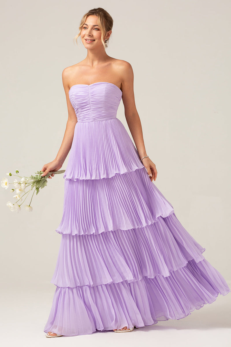 Laden Sie das Bild in den Galerie-Viewer, A-Linien-Sweetheart-Brautjungfernkleid aus gestuftem Chiffon Long Lilac mit Plissee
