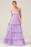 A-Linien-Sweetheart-Brautjungfernkleid aus gestuftem Chiffon Long Lilac mit Plissee