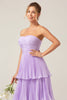 Laden Sie das Bild in den Galerie-Viewer, A-Linien-Sweetheart-Brautjungfernkleid aus gestuftem Chiffon Long Lilac mit Plissee