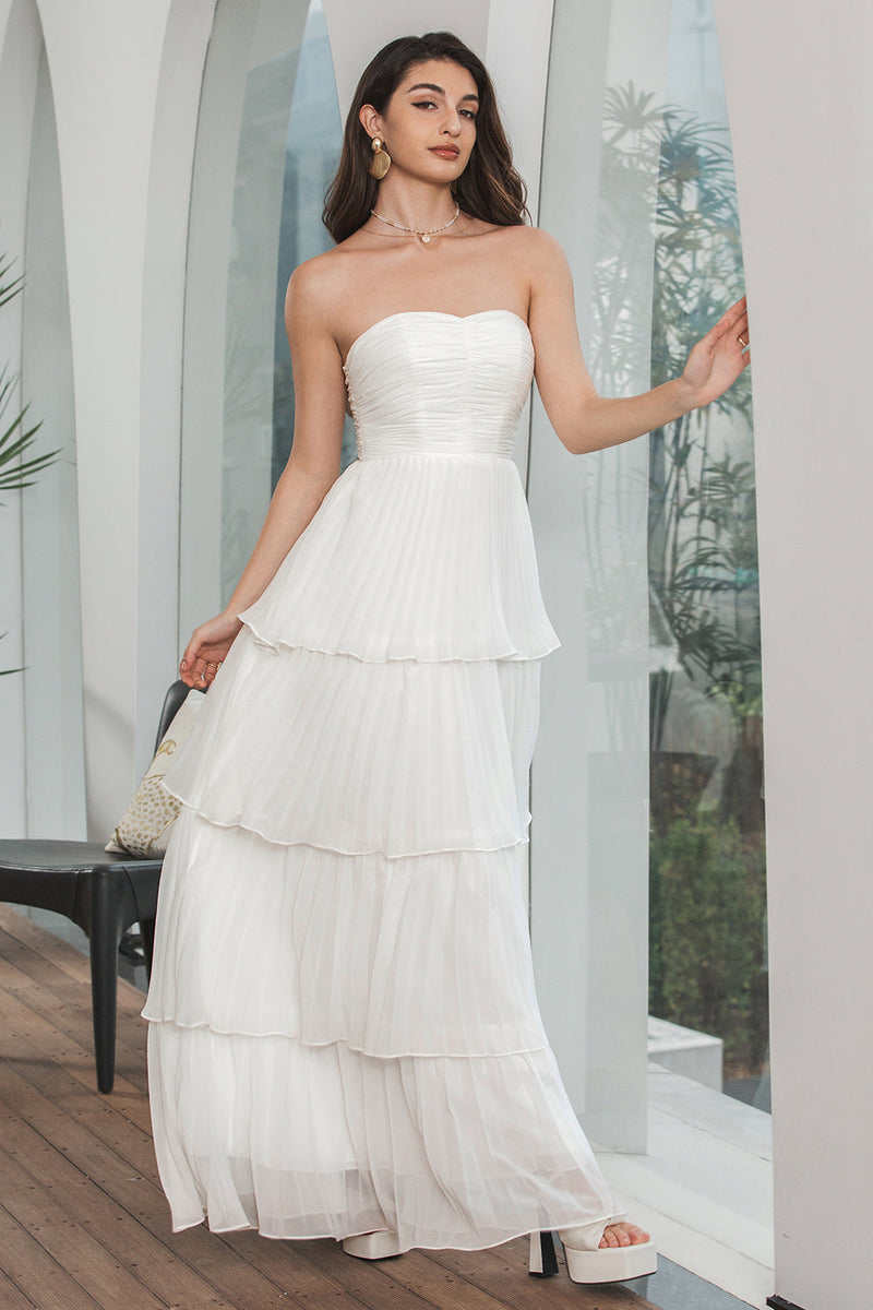 Laden Sie das Bild in den Galerie-Viewer, Einfaches weißes, plissiertes, gestuftes Kleid für die Verlobungsfeier