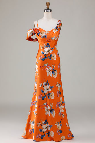 Meerjungfrau Gedruckt Orange Blume Brautjungfer Kleid