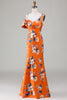 Laden Sie das Bild in den Galerie-Viewer, Meerjungfrau Gedruckt Orange Blume Brautjungfer Kleid