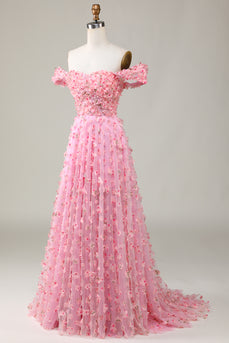 A-Linie Schulterfreies Rosa Langes Brautjungfernkleid mit 3D Blumen