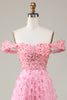Laden Sie das Bild in den Galerie-Viewer, A-Linie Schulterfreies Rosa Langes Brautjungfernkleid mit 3D Blumen