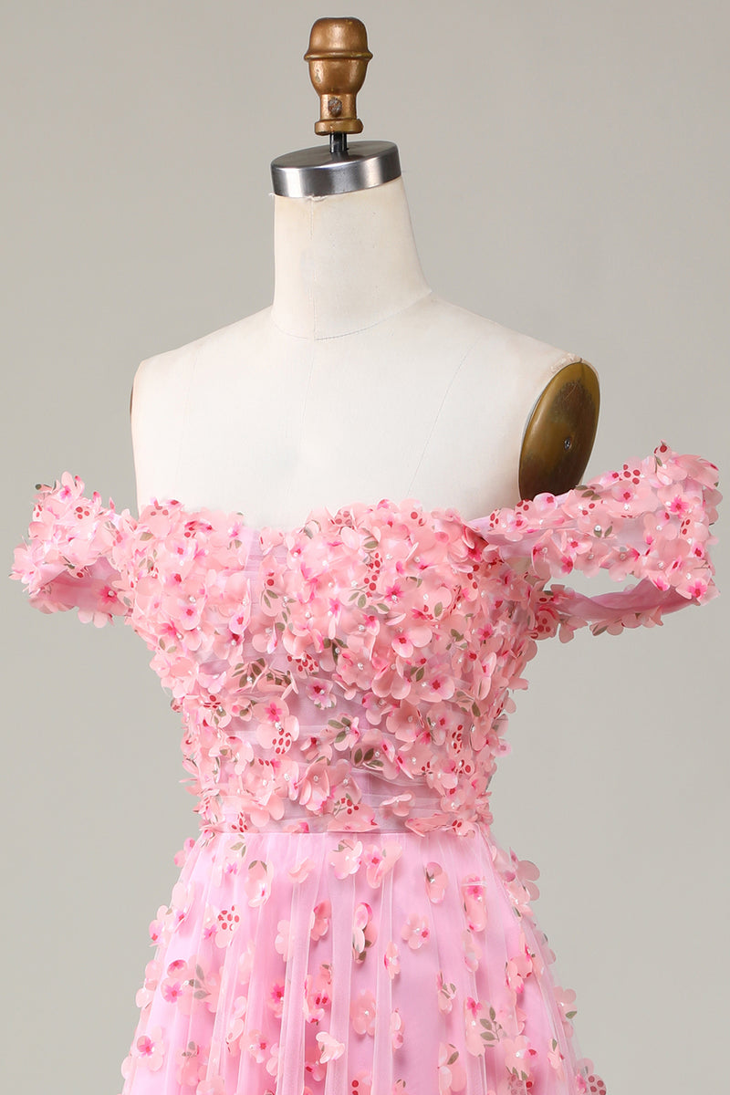 Laden Sie das Bild in den Galerie-Viewer, A-Linie Schulterfreies Rosa Langes Brautjungfernkleid mit 3D Blumen