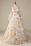 Elfenbein Blumen Brautkleid mit A-Linie und Ärmeln