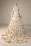 Elfenbein Blumen Brautkleid mit A-Linie und Ärmeln