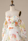 Elfenbein Blumen Brautkleid mit A-Linie und Ärmeln