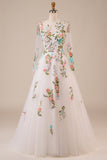 ZAPAKA Damen Elfenbein Langes Hochzeitskleid mit Stickerei Tüll Langärmeliges Brautkleid