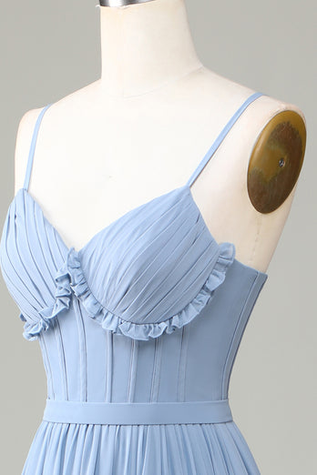 Staubblau Bedrucktes Korsett Spaghetti-Träger Langes Brautjungfernkleid mit gekreuztem Rücken
