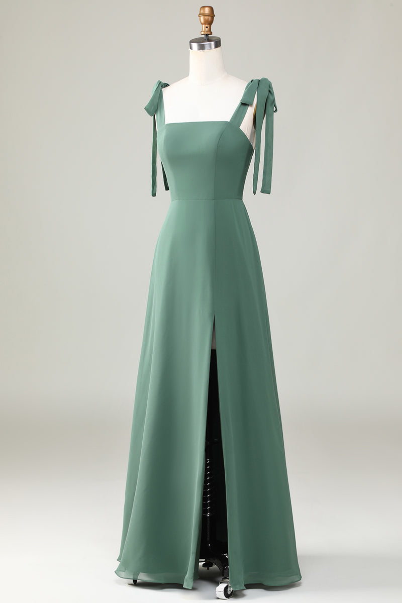 Laden Sie das Bild in den Galerie-Viewer, Eukalyptus Krawatte Riemen A Linie Brautjungfer Kleid mit Schlitz