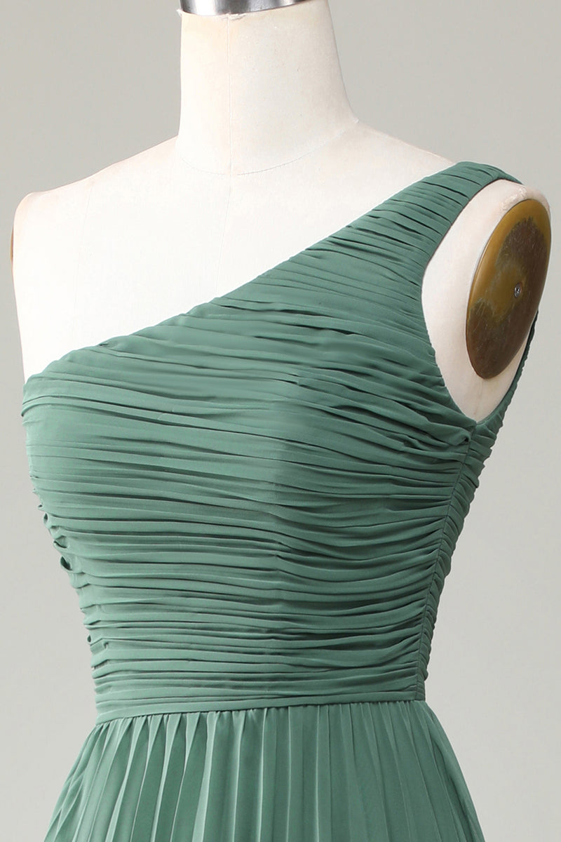 Laden Sie das Bild in den Galerie-Viewer, Eukalyptus Eine Schulter A Linie geraffte Brautjungfer Kleid