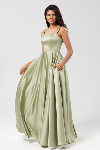 Satin A Line Green Bridesmaid Dress with Pockets