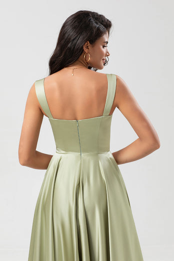 Satin A Line Green Bridesmaid Dress with Pockets