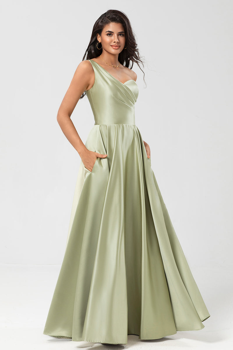 Laden Sie das Bild in den Galerie-Viewer, Ein-Schulter Satin Grün Brautjungfernkleid mit Taschen