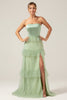 Laden Sie das Bild in den Galerie-Viewer, Matcha A-Linie trägerloses langes Brautjungfernkleid mit Rüschen