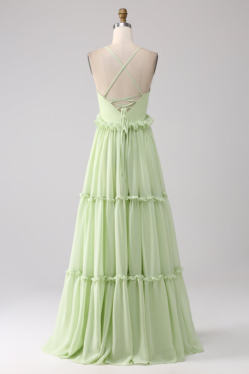 Laden Sie das Bild in den Galerie-Viewer, Grünes Brautjungfernkleid mit Rüschen und Schnürung am Rücken