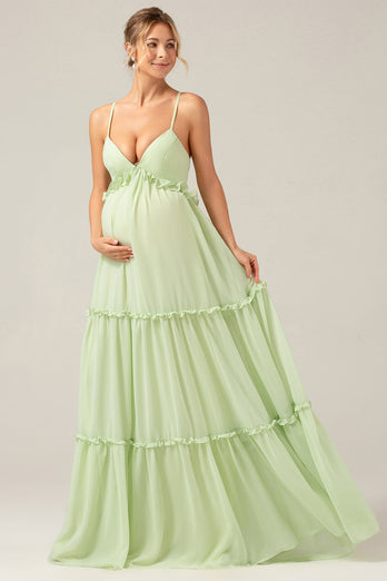 Grünes langes Umstands-Brautjungfernkleid mit A-Linien-Rüschen und geschnürtem Rücken