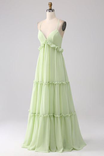 Grünes Brautjungfernkleid mit Rüschen und Schnürung am Rücken