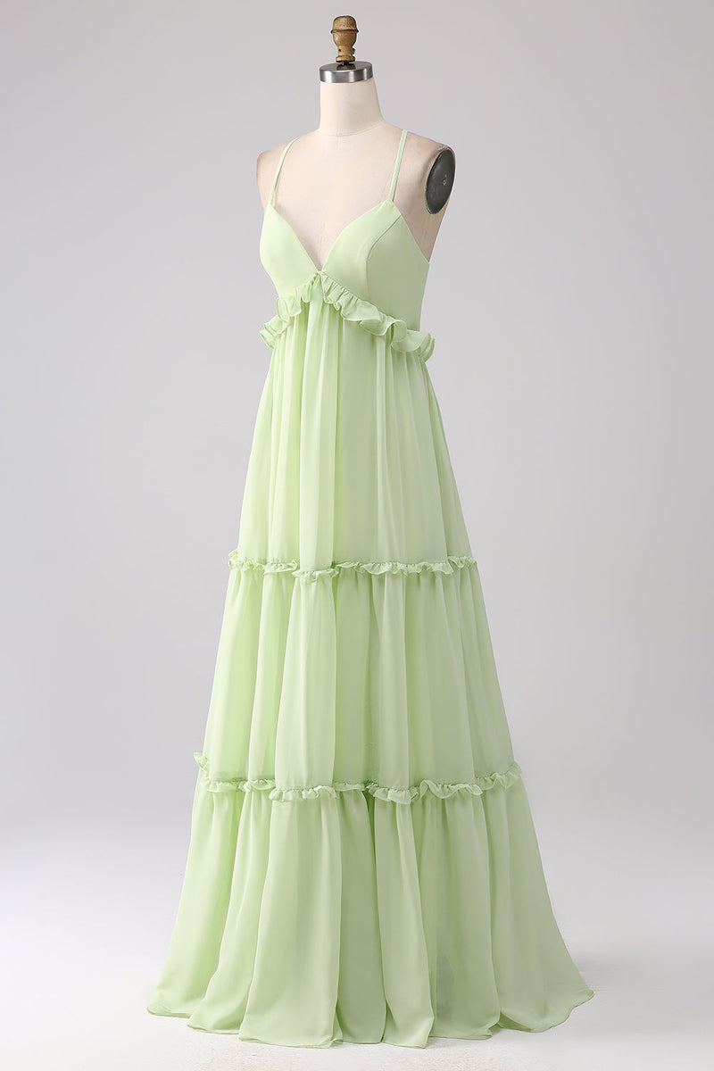 Laden Sie das Bild in den Galerie-Viewer, Grünes Brautjungfernkleid mit Rüschen und Schnürung am Rücken