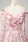 Blush Flower A-Linie Schulterfreies Ballkleid mit Schlitz