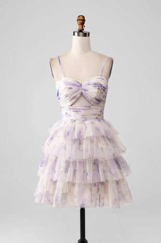 Lavendelblume A-Linie Spaghettiträger gestuftes plissiertes kurzes Homecoming-Kleid
