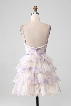 Lavendelblume A-Linie Spaghettiträger gestuftes plissiertes kurzes Homecoming-Kleid