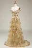 Laden Sie das Bild in den Galerie-Viewer, Goldenes Schulterfreies Abendkleid in A-Linie mit Pailletten